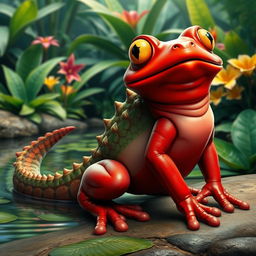 A fascinating hybrid creature that combines features of a red frog and a crocodile