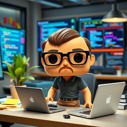 A modern Funko Pop style figure of a 35-year-old male systems engineer, actively working in an office setting