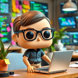 A modern Funko Pop style figure of a 35-year-old male systems engineer, actively working in an office setting