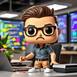 A modern Funko Pop style figure of a 35-year-old male systems engineer, actively working in an office setting