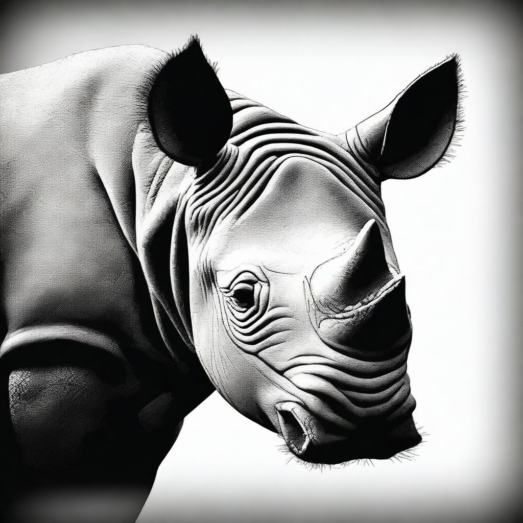 This is a high-quality digital art image of a black rhino, depicted in a monochrome black palette