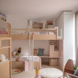 Compact 3x4 room with a cozy bunk bed, under which is a versatile study and work area. The space also includes a television, comfortable sofa, extra wardrobes, and a variety of books