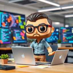 A modern Funko Pop style figure of a 35-year-old male systems engineer, actively working in an office setting