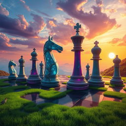 An expansive fantasy chess landscape, where giant chess pieces made of crystal and stone rise majestically from a colorful, surreal terrain