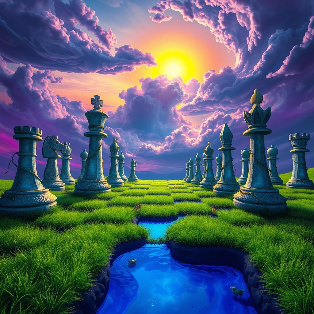 An expansive fantasy chess landscape, where giant chess pieces made of crystal and stone rise majestically from a colorful, surreal terrain