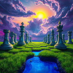 An expansive fantasy chess landscape, where giant chess pieces made of crystal and stone rise majestically from a colorful, surreal terrain