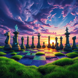 An expansive fantasy chess landscape, where giant chess pieces made of crystal and stone rise majestically from a colorful, surreal terrain