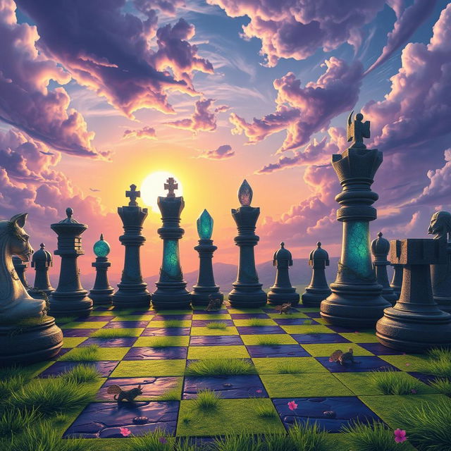 An expansive fantasy chess landscape, where giant chess pieces made of crystal and stone rise majestically from a colorful, surreal terrain