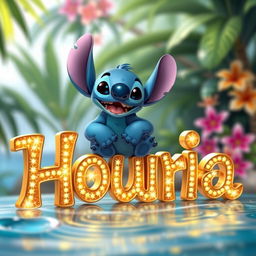 A whimsical scene featuring Stitch, the cute blue alien from Disney's Lilo & Stitch, sitting comfortably and playfully on top of sparkling golden letters that spell 'Houria'