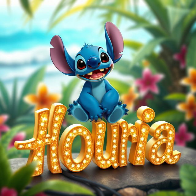 A whimsical scene featuring Stitch, the cute blue alien from Disney's Lilo & Stitch, sitting comfortably and playfully on top of sparkling golden letters that spell 'Houria'