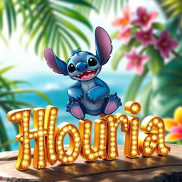 A whimsical scene featuring Stitch, the cute blue alien from Disney's Lilo & Stitch, sitting comfortably and playfully on top of sparkling golden letters that spell 'Houria'