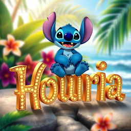A whimsical scene featuring Stitch, the cute blue alien from Disney's Lilo & Stitch, sitting comfortably and playfully on top of sparkling golden letters that spell 'Houria'