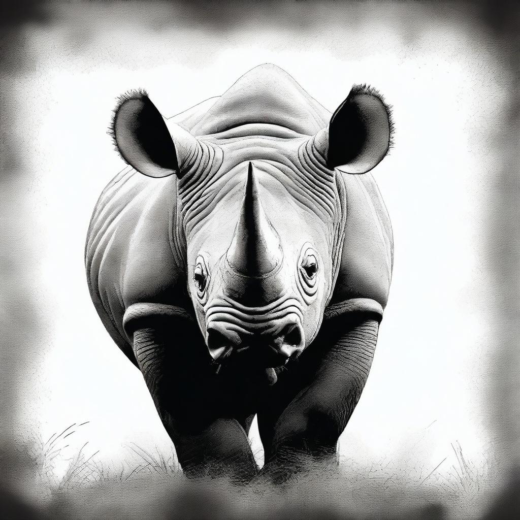 This is a high-quality digital art image of a black rhino, depicted in a monochrome black palette