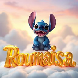 A cute and whimsical scene featuring Stitch, the blue alien character from Disney's Lilo & Stitch, happily sitting on top of beautifully crafted golden letters that spell out "Roumaisa