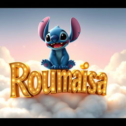 A cute and whimsical scene featuring Stitch, the blue alien character from Disney's Lilo & Stitch, happily sitting on top of beautifully crafted golden letters that spell out "Roumaisa