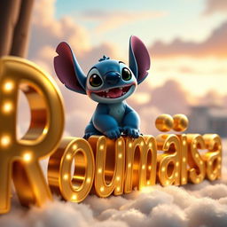 A cute and whimsical scene featuring Stitch, the blue alien character from Disney's Lilo & Stitch, happily sitting on top of beautifully crafted golden letters that spell out "Roumaisa