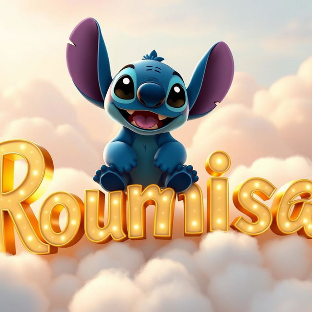 A cute and whimsical scene featuring Stitch, the blue alien character from Disney's Lilo & Stitch, happily sitting on top of beautifully crafted golden letters that spell out "Roumaisa