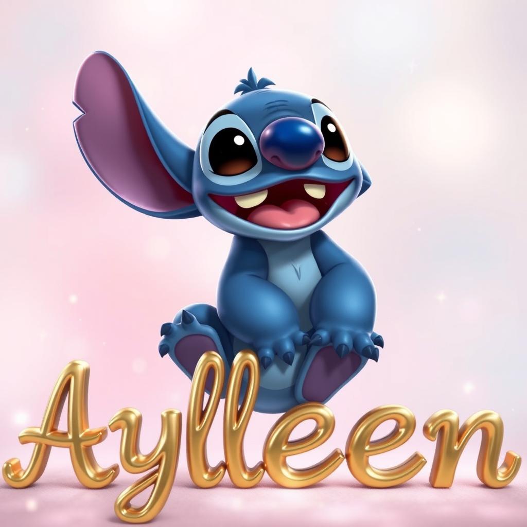 A whimsical scene featuring Stitch, the lovable blue extraterrestrial character from Disney, sitting playfully on top of elegant golden letters spelling 'Aylleen'