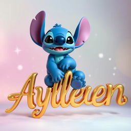 A whimsical scene featuring Stitch, the lovable blue extraterrestrial character from Disney, sitting playfully on top of elegant golden letters spelling 'Aylleen'