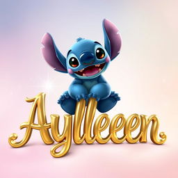 A whimsical scene featuring Stitch, the lovable blue extraterrestrial character from Disney, sitting playfully on top of elegant golden letters spelling 'Aylleen'