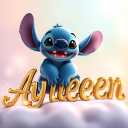 A whimsical scene featuring Stitch, the lovable blue extraterrestrial character from Disney, sitting playfully on top of elegant golden letters spelling 'Aylleen'