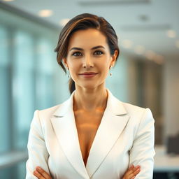 A striking portrait of a 40-year-old woman radiating elegance and confidence, dressed in a tailored white business top