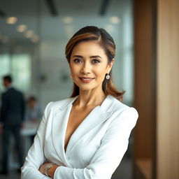 A striking portrait of a 40-year-old woman radiating elegance and confidence, dressed in a tailored white business top