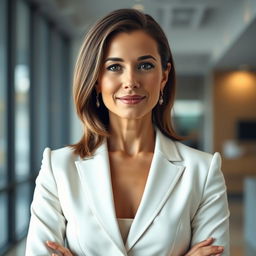 A striking portrait of a 40-year-old woman radiating elegance and confidence, dressed in a tailored white business top