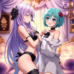 An anime-inspired scene featuring two characters in an intimate and romantic setting