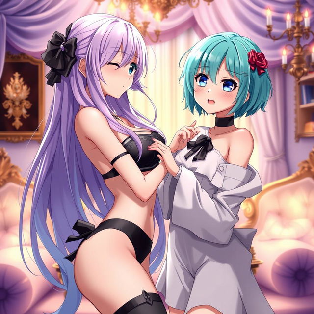 An anime-inspired scene featuring two characters in an intimate and romantic setting