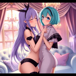 An anime-inspired scene featuring two characters in an intimate and romantic setting