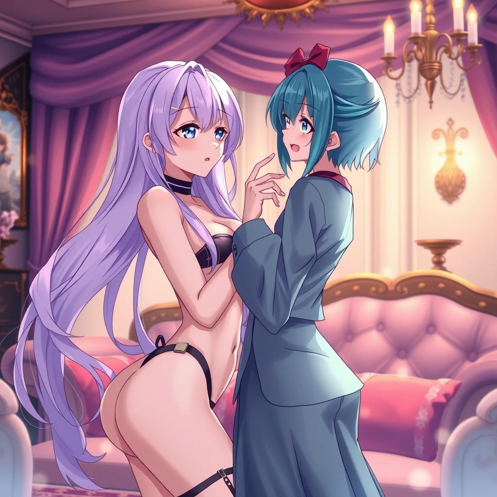 An anime-inspired scene featuring two characters in an intimate and romantic setting