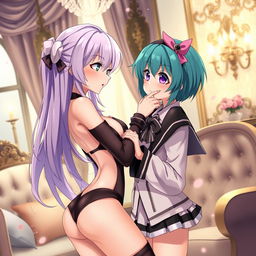 An anime-inspired scene featuring two characters in an intimate and romantic setting