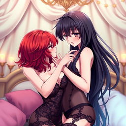 A provocative scene featuring two anime girls in a sensual and intimate setting