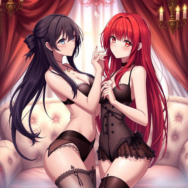 A provocative scene featuring two anime girls in a sensual and intimate setting