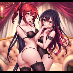 A provocative scene featuring two anime girls in a sensual and intimate setting