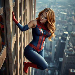A sexy young woman dressed in a Spider-Man costume, showcasing a curvy figure with large breasts and a tiny waist
