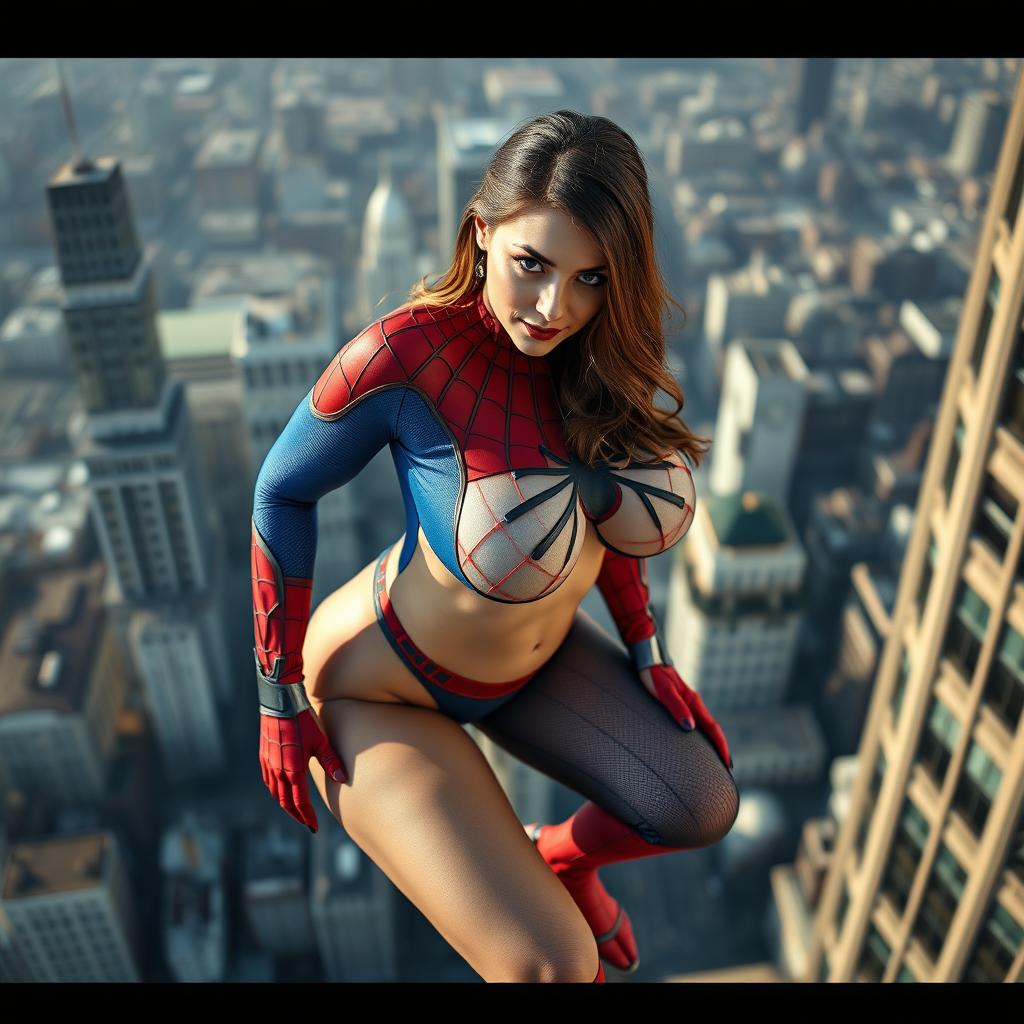 A sexy young woman dressed in a Spider-Man costume, showcasing a curvy figure with large breasts and a tiny waist