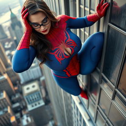 A sexy young woman dressed in a Spider-Man costume, showcasing a curvy figure with large breasts and a tiny waist