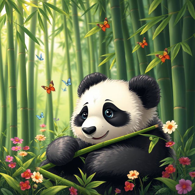 A cute panda resting in a lush green bamboo forest, surrounded by tall bamboo stalks and soft sunlight filtering through the leaves