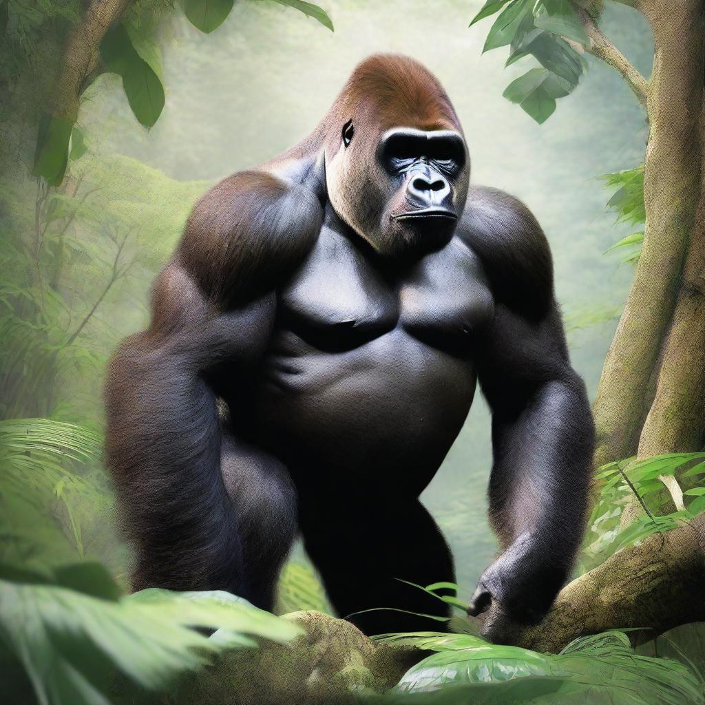 A digital art image showcasing the Cross River gorilla in its natural habitat