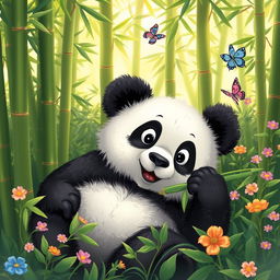 A cute panda resting in a lush green bamboo forest, surrounded by tall bamboo stalks and soft sunlight filtering through the leaves