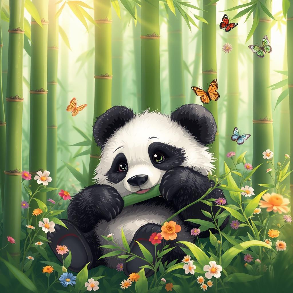 A cute panda resting in a lush green bamboo forest, surrounded by tall bamboo stalks and soft sunlight filtering through the leaves