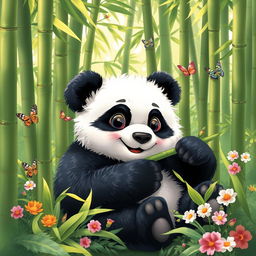 A cute panda resting in a lush green bamboo forest, surrounded by tall bamboo stalks and soft sunlight filtering through the leaves