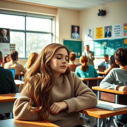 A humorous classroom scene depicting a young woman asleep at her desk during a lecture