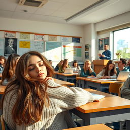 A humorous classroom scene depicting a young woman asleep at her desk during a lecture