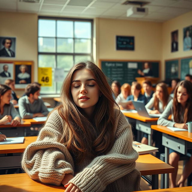 A humorous classroom scene depicting a young woman asleep at her desk during a lecture