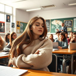 A humorous classroom scene depicting a young woman asleep at her desk during a lecture