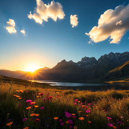 A stunningly beautiful landscape featuring a majestic mountain range under a clear blue sky, with vibrant wildflowers in the foreground and a serene lake reflecting the mountains