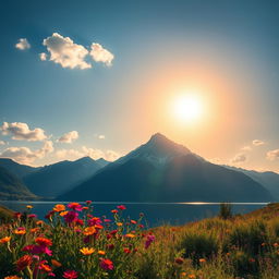 A stunningly beautiful landscape featuring a majestic mountain range under a clear blue sky, with vibrant wildflowers in the foreground and a serene lake reflecting the mountains